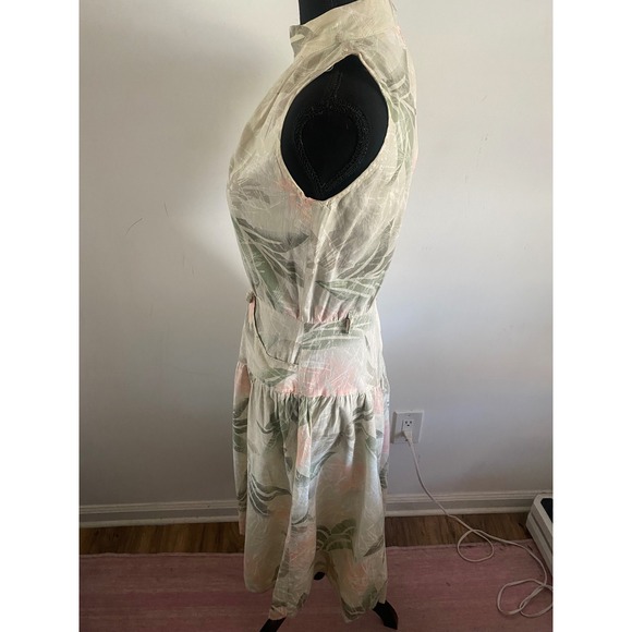 Vintage Tropical Leaf Print Mock Neck Keyhole Midi Dress Women's Sleeveless - Picture 5 of 11